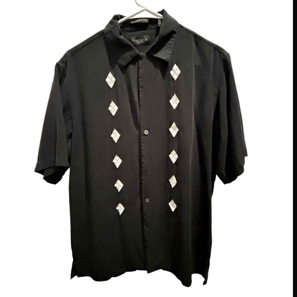 Van Heusen BLACK 100% washable silk button-down short sleeve embroidered shirt